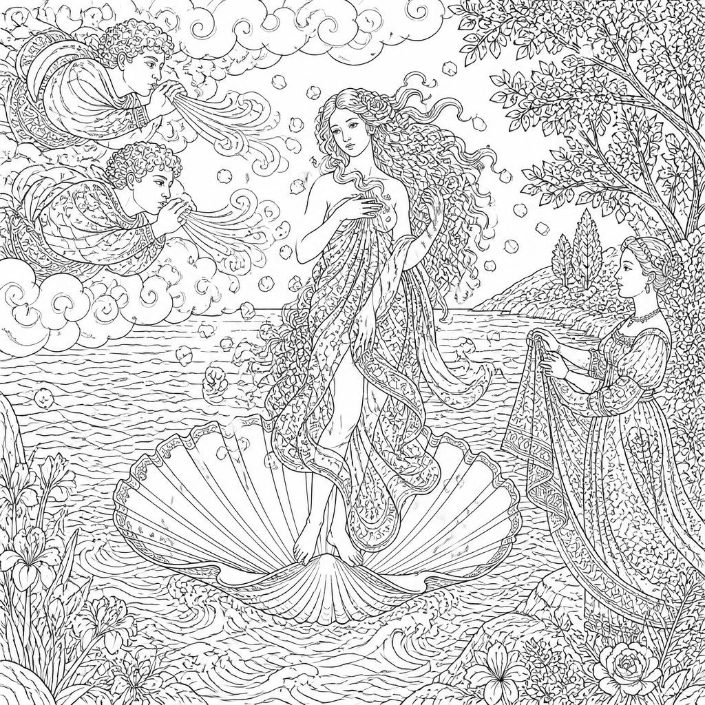 Goddess on the Shell (after Botticelli) colour by number page