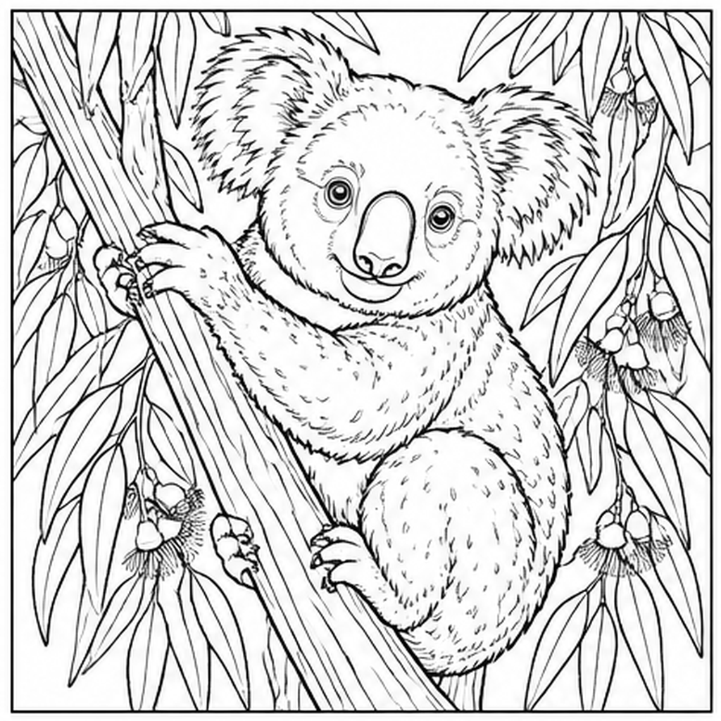 Koala in the Eucalyptus line art, colored with the Nordic Forest palette