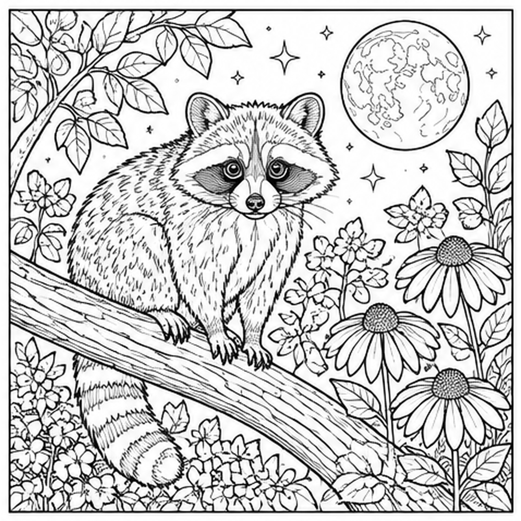 Raccoon in the Night Garden line art, colored with the Cathedral Glass palette