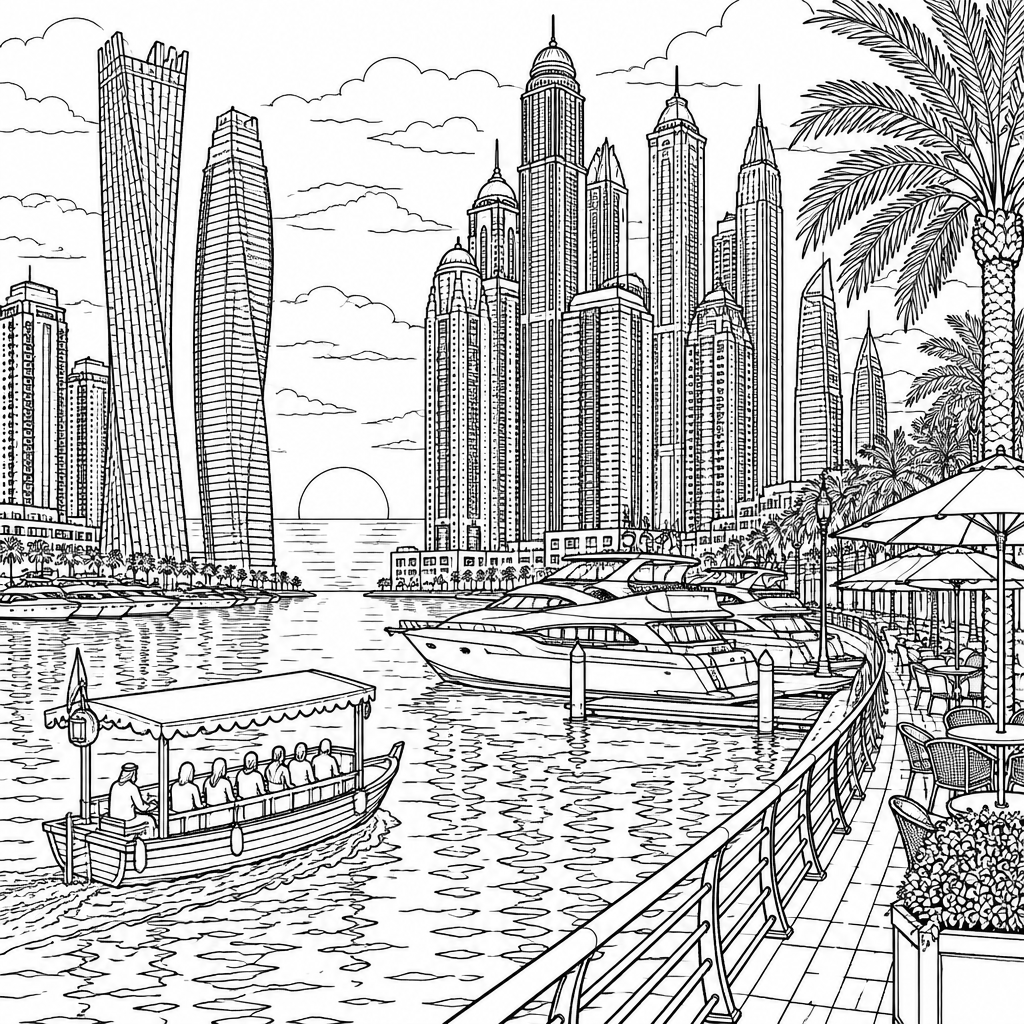 Dubai Marina line art, colored with the Sunset Beach palette