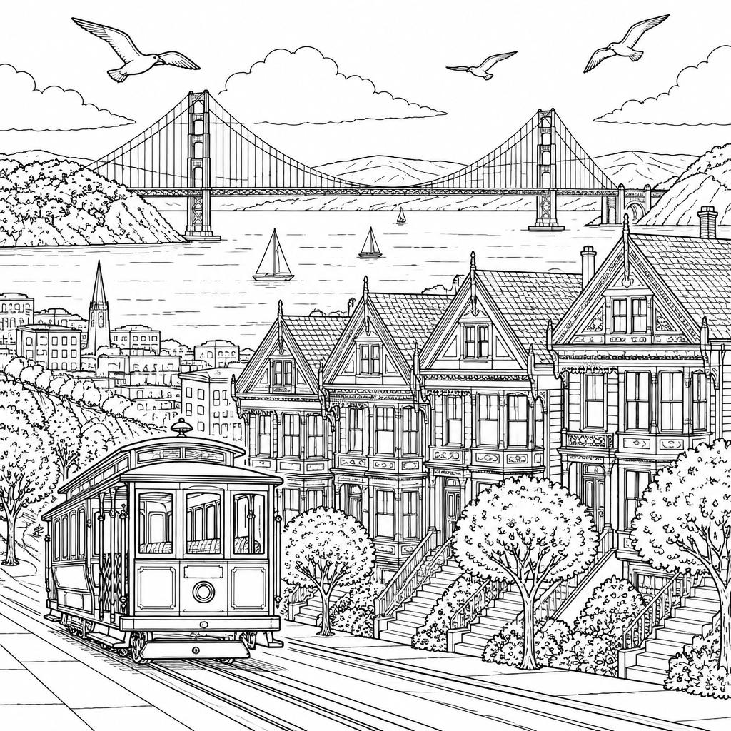 San Francisco Painted Ladies line art, colored with the Leaf monochrome palette