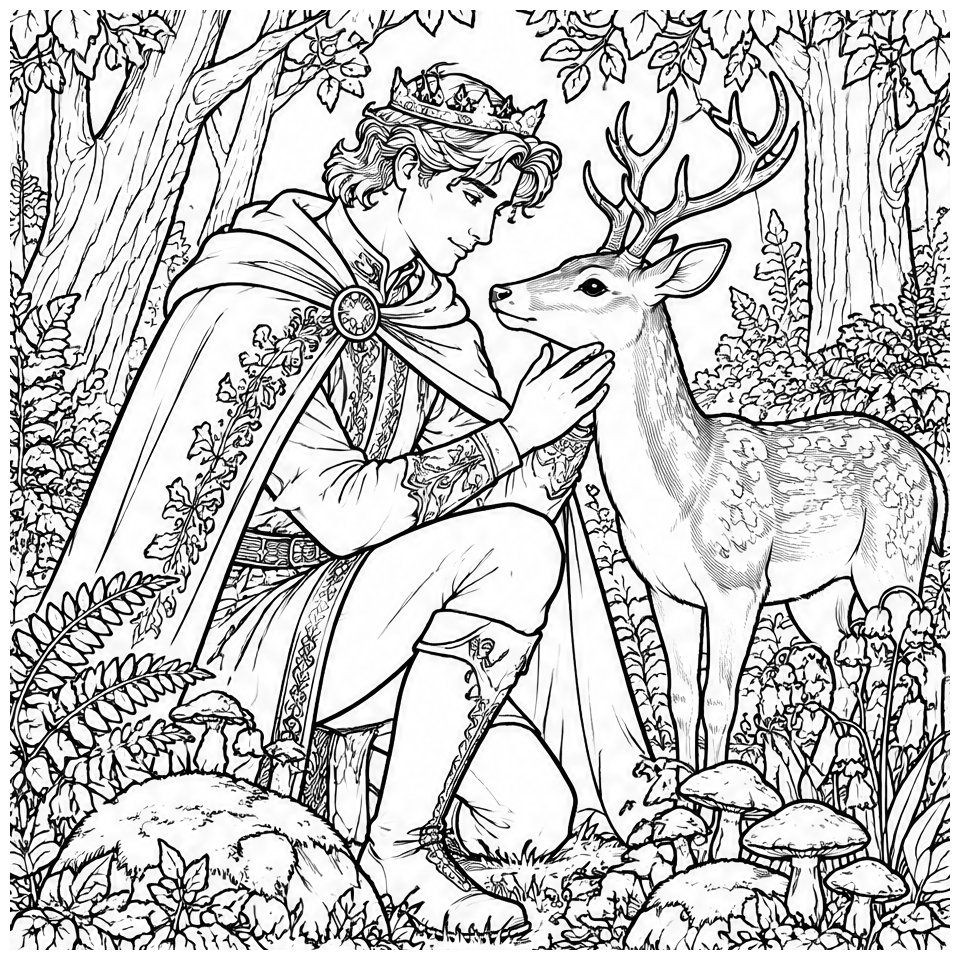 Forest Prince and Deer free printable coloring page