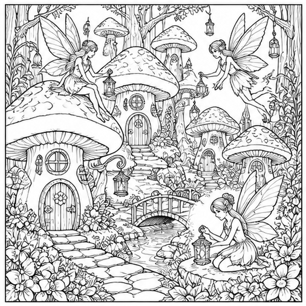 Fairy Mushroom Village free printable coloring page