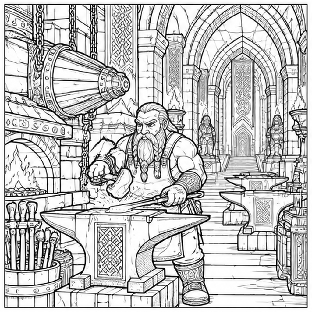 Dwarven Forge Hall line art, colored with the Desert Clay palette
