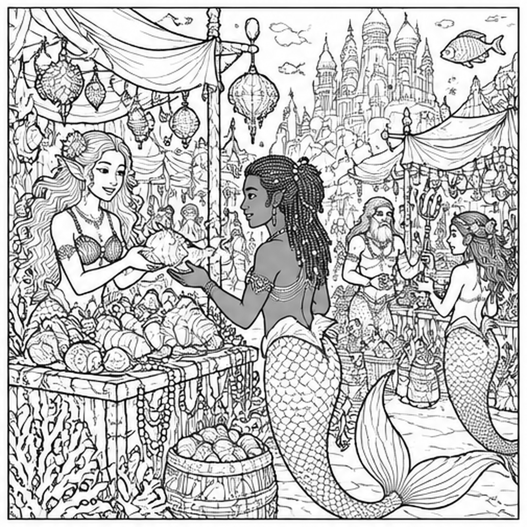 Merfolk Market colour by number page