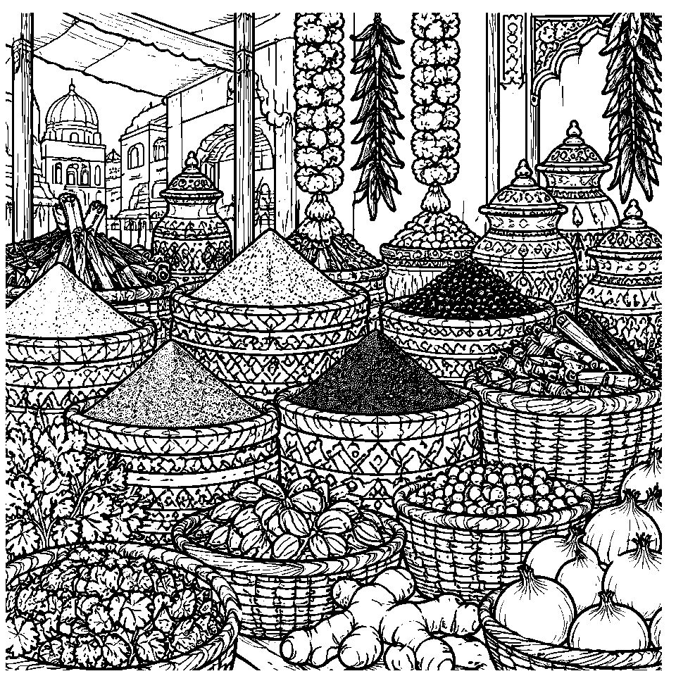 Spice Market line art, colored with the Vintage Postcard palette