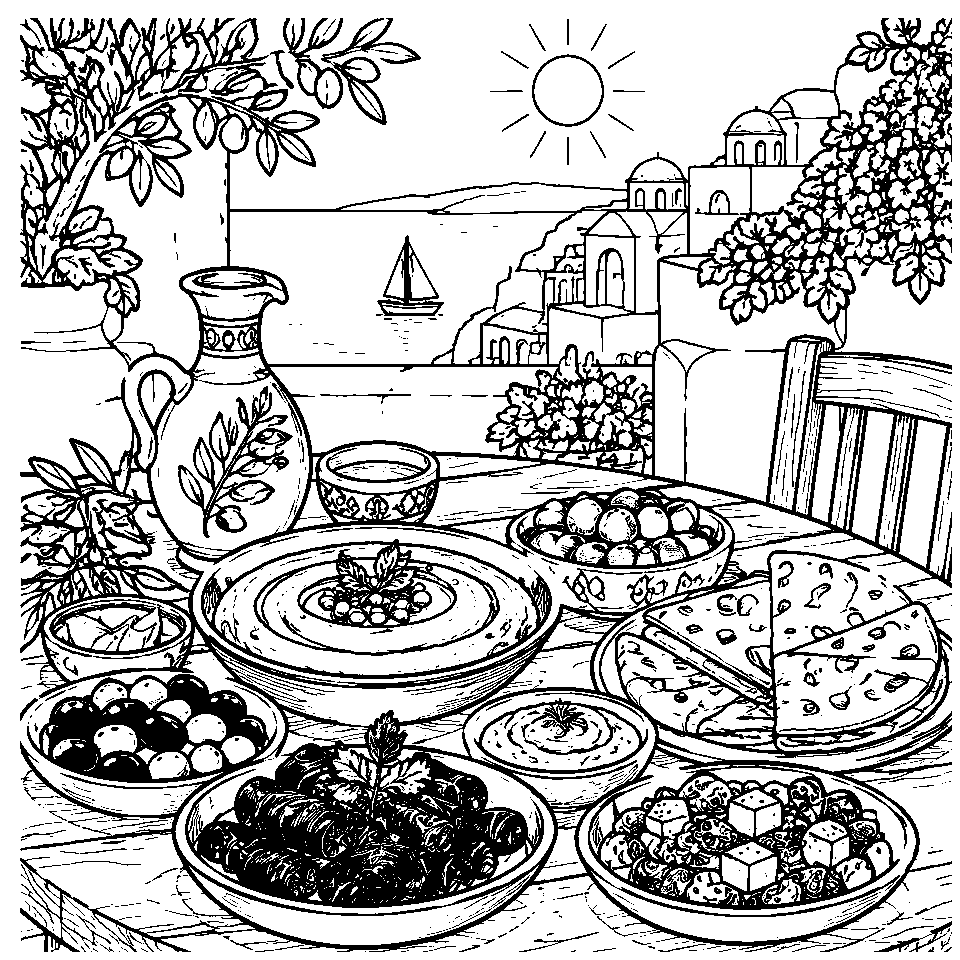 Mediterranean Mezze line art, colored with the Rose analogous palette