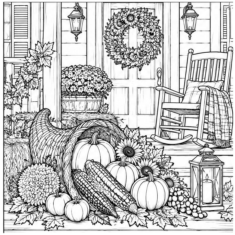 Thanksgiving Porch line art, colored with the Party Pop palette