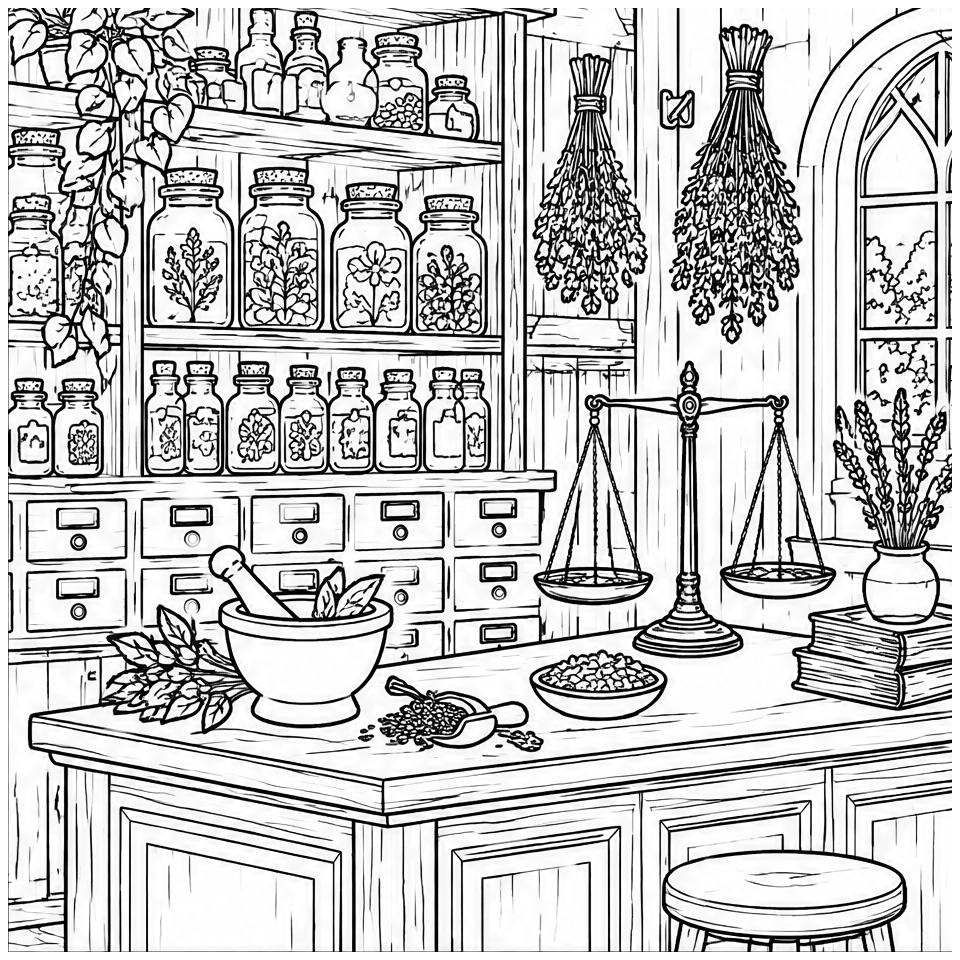 Old Apothecary line art, colored with the Night Garden palette