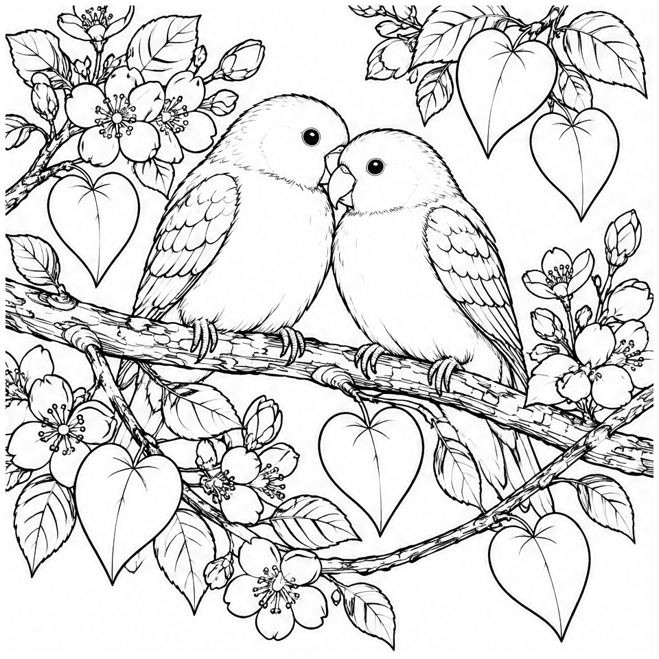 Lovebird Branch line art, colored with the Sakura palette