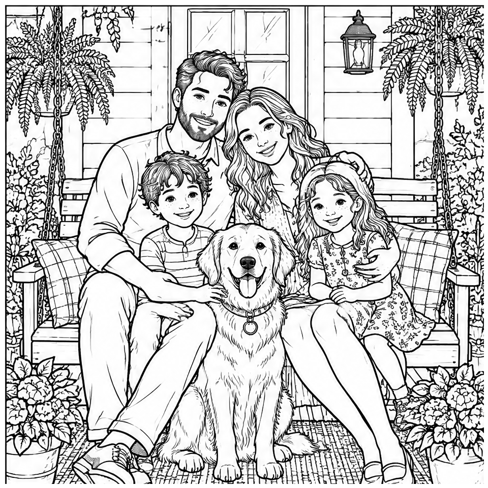 Porch Swing Family line art, colored with the Leaf split complement palette