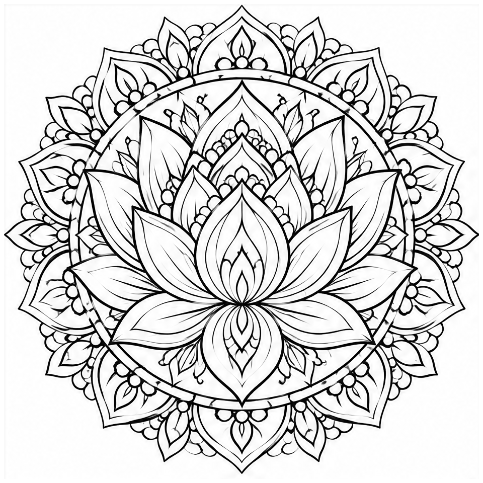 Lotus Bloom Mandala line art, colored with the Rose triadic palette