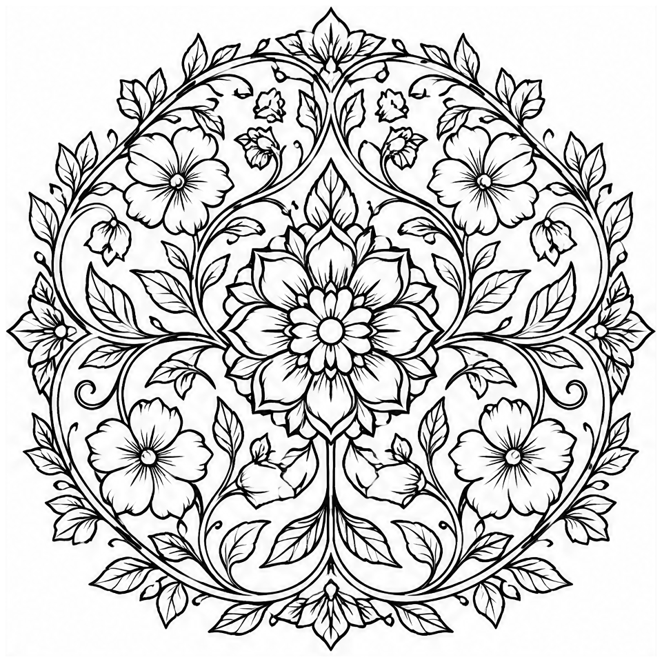 Floral Vine Mandala colour by number page