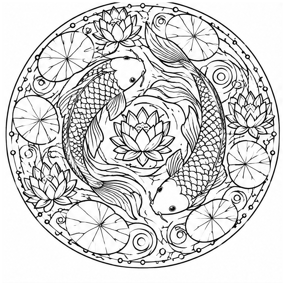 Koi Pond Mandala colour by number page
