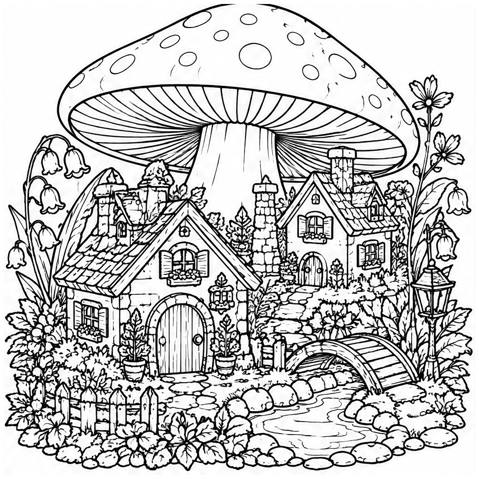 Mushroom Cottage Village line art, colored with the Citrus Grove palette
