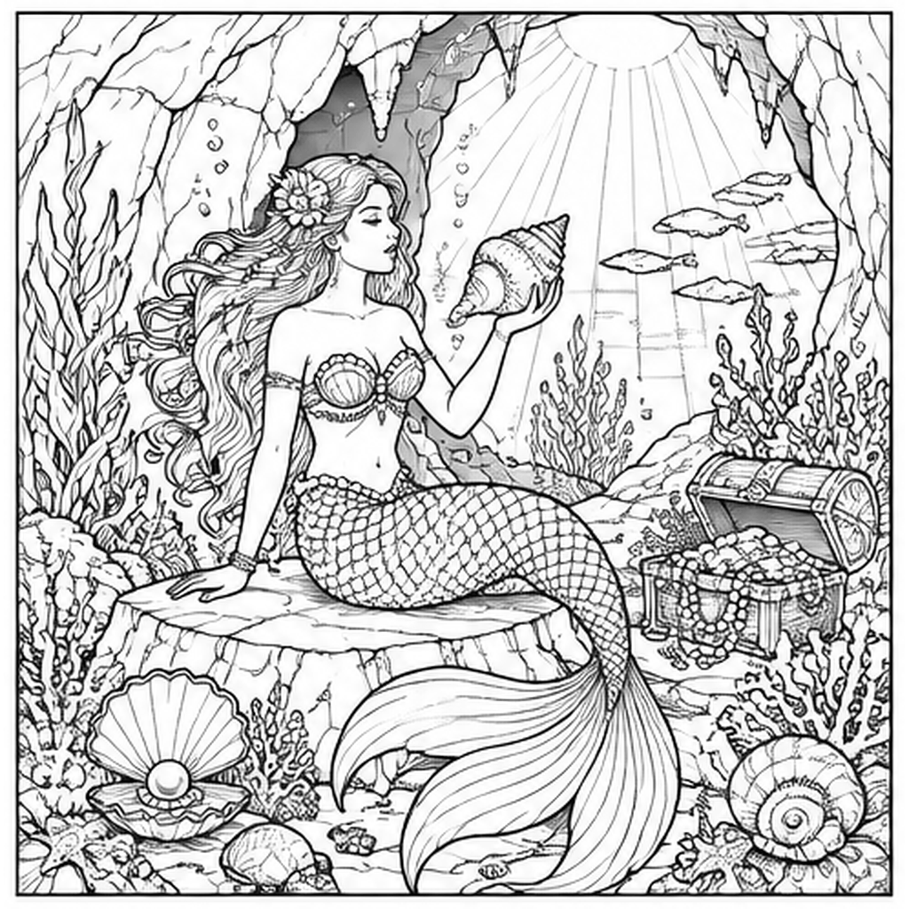 Mermaid's Underwater Grotto free printable coloring page