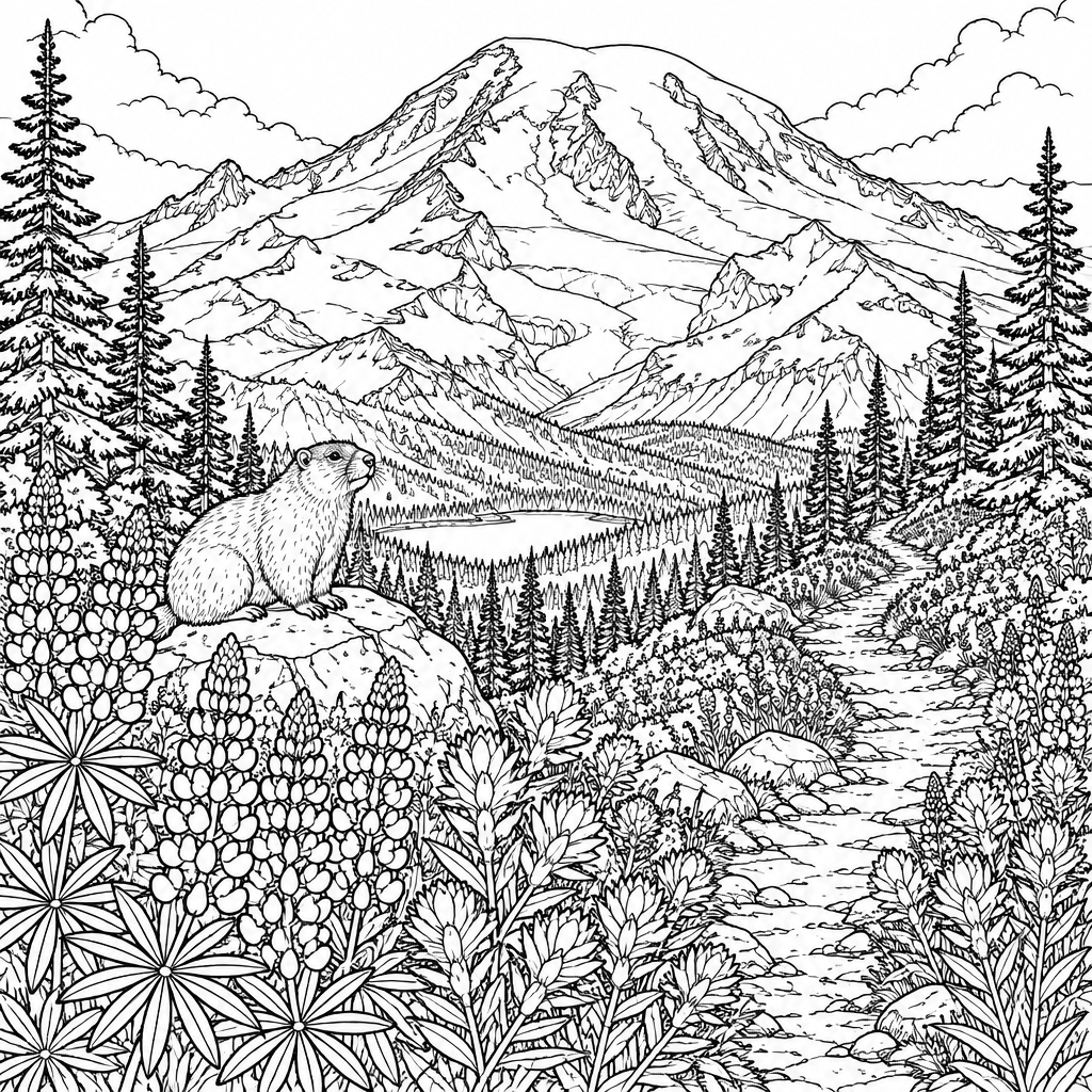 Mount Rainier Wildflower Meadow colour by number page