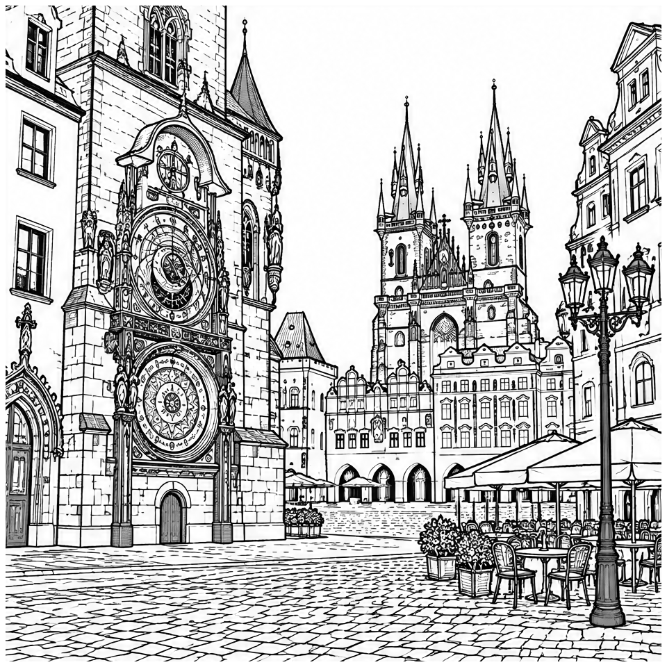 Prague Old Town Square line art, colored with the Lagoon analogous palette