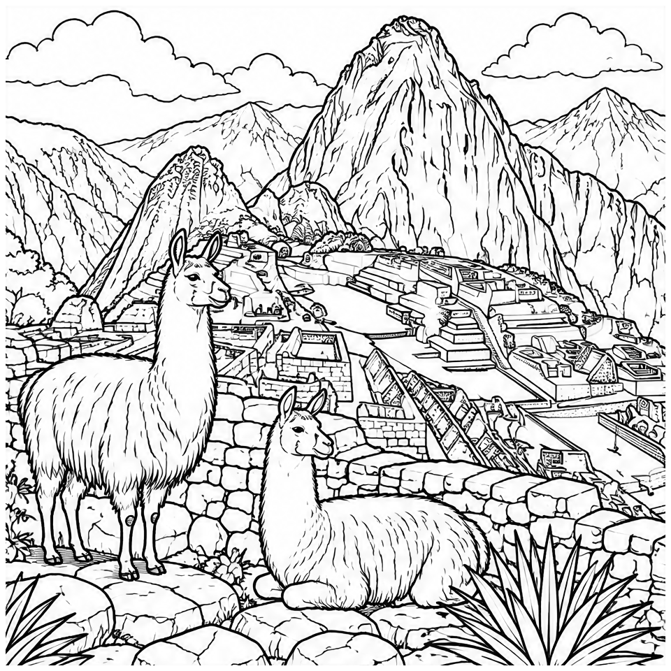 Machu Picchu Llamas line art, colored with the Sky analogous palette