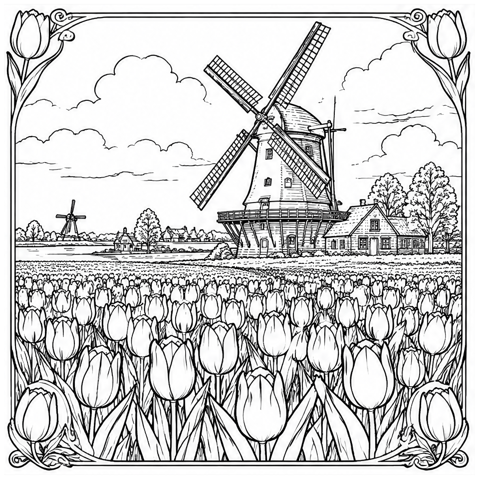 Tulip Windmill colour by number page