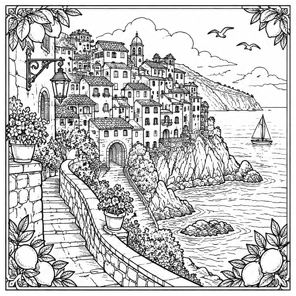 Coastal Cliff Village line art, colored with the Glacier palette