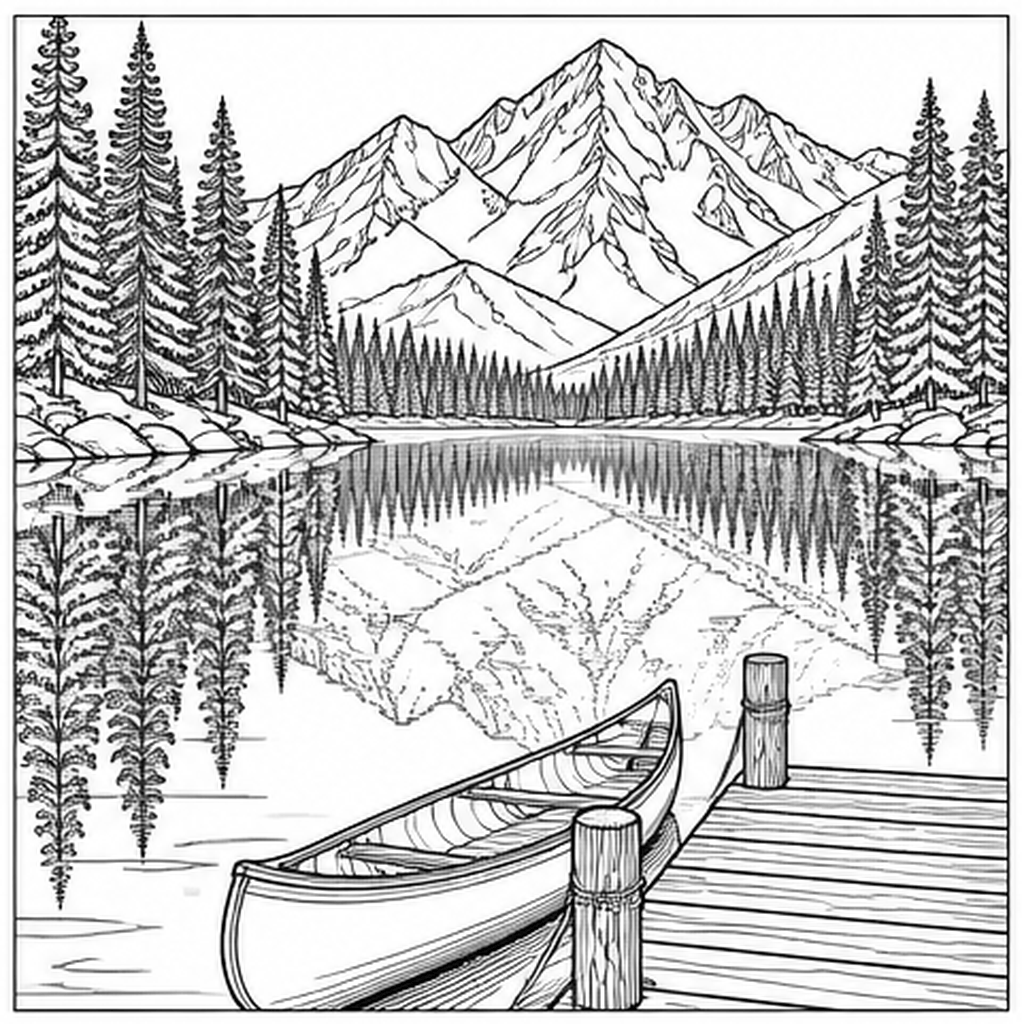 Mountain Lake line art, colored with the Rose complementary palette