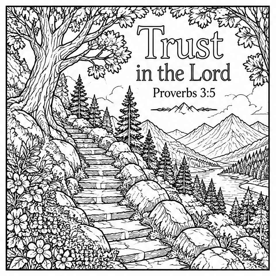 Trust in the Lord line art, colored with the Rose split complement palette