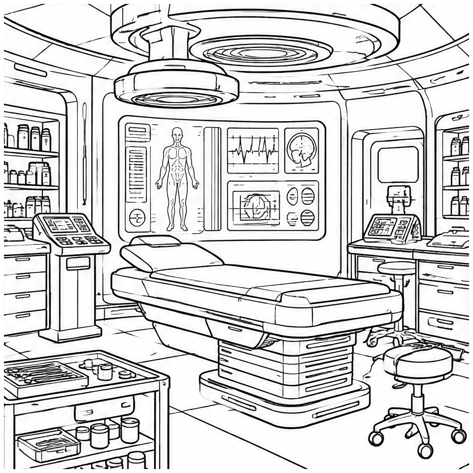 Medical Bay line art, colored with the Sky triadic palette