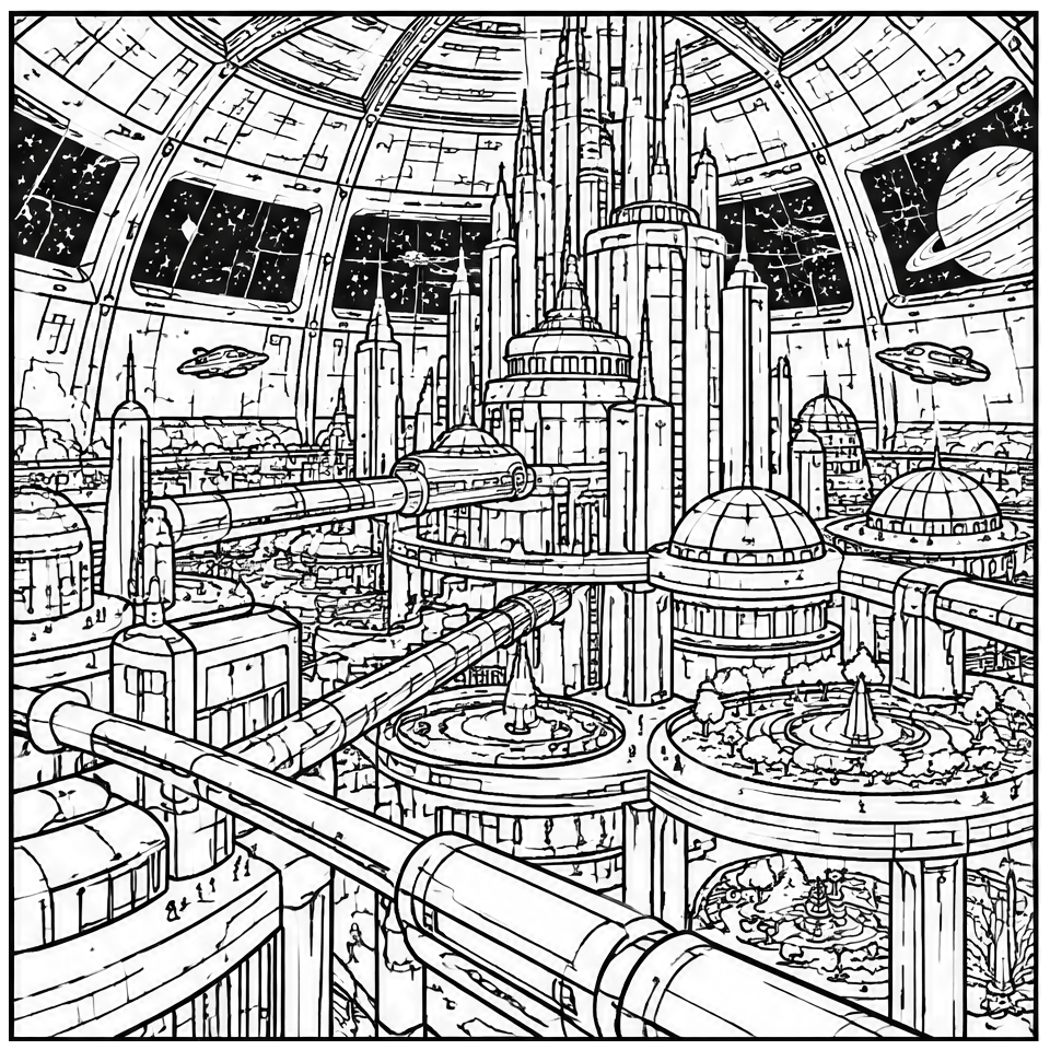 Orbital City Interior line art, colored with the Lagoon split complement palette