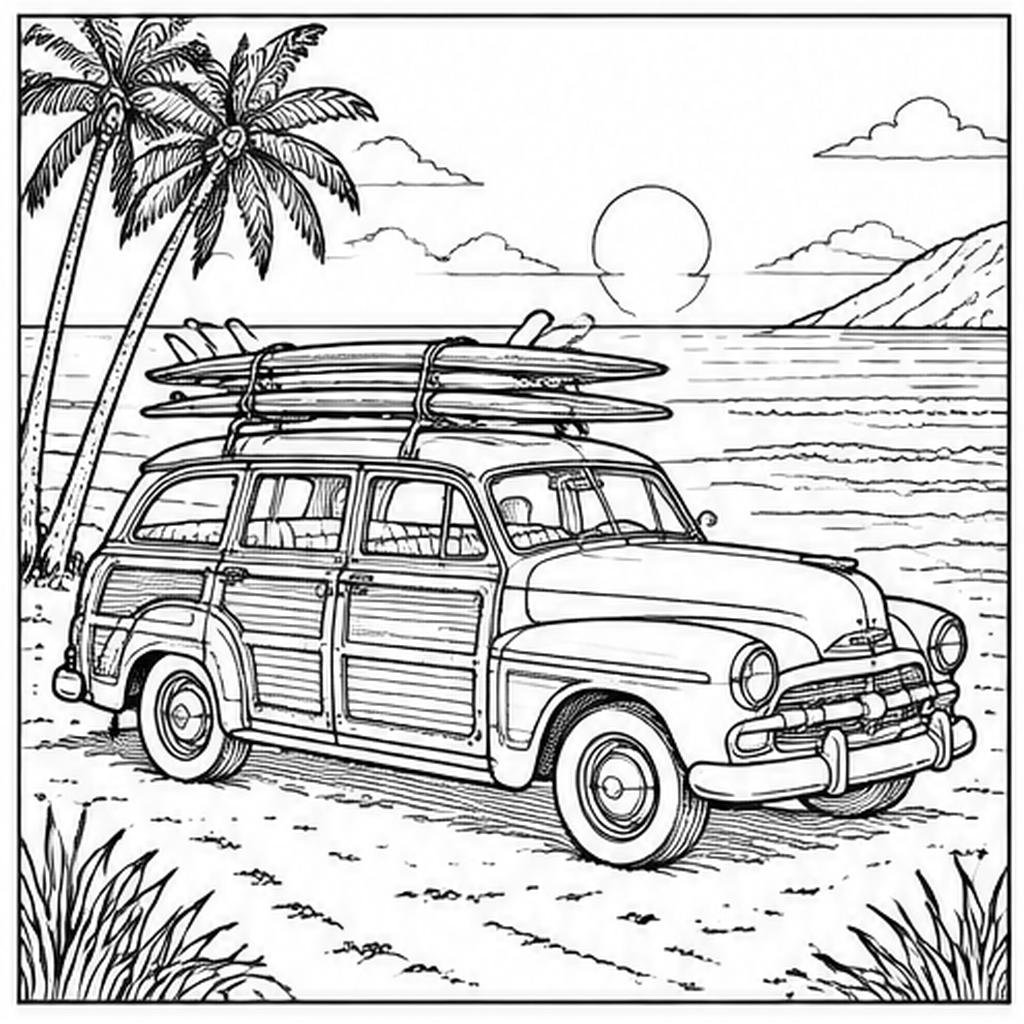 Surfing Woody Wagon line art, colored with the Leaf analogous palette