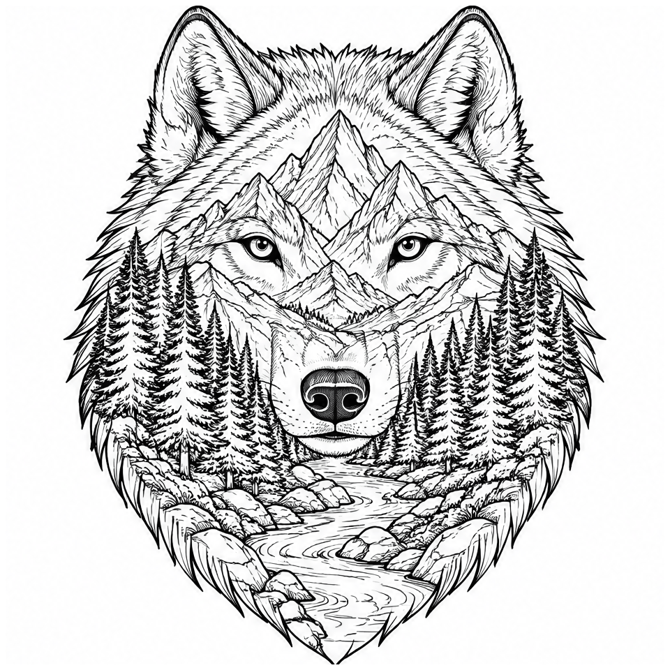 Wolf Mountain River line art, colored with the Heritage Stripe palette
