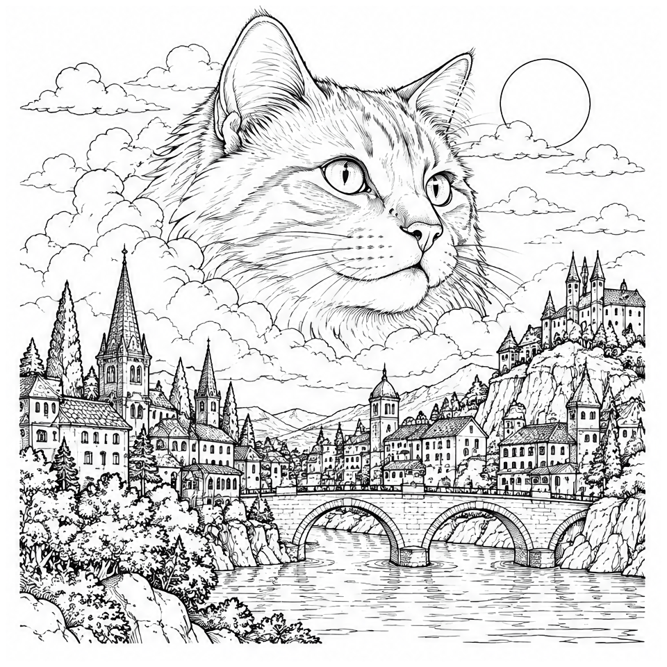 Cat Above the City free printable coloring page