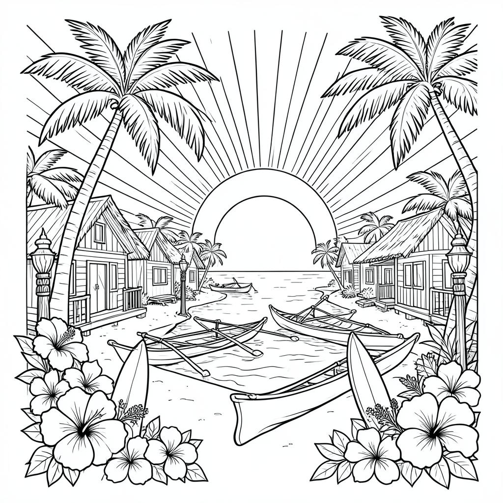 Hawaiian Sunset Village line art, colored with the Storybook palette