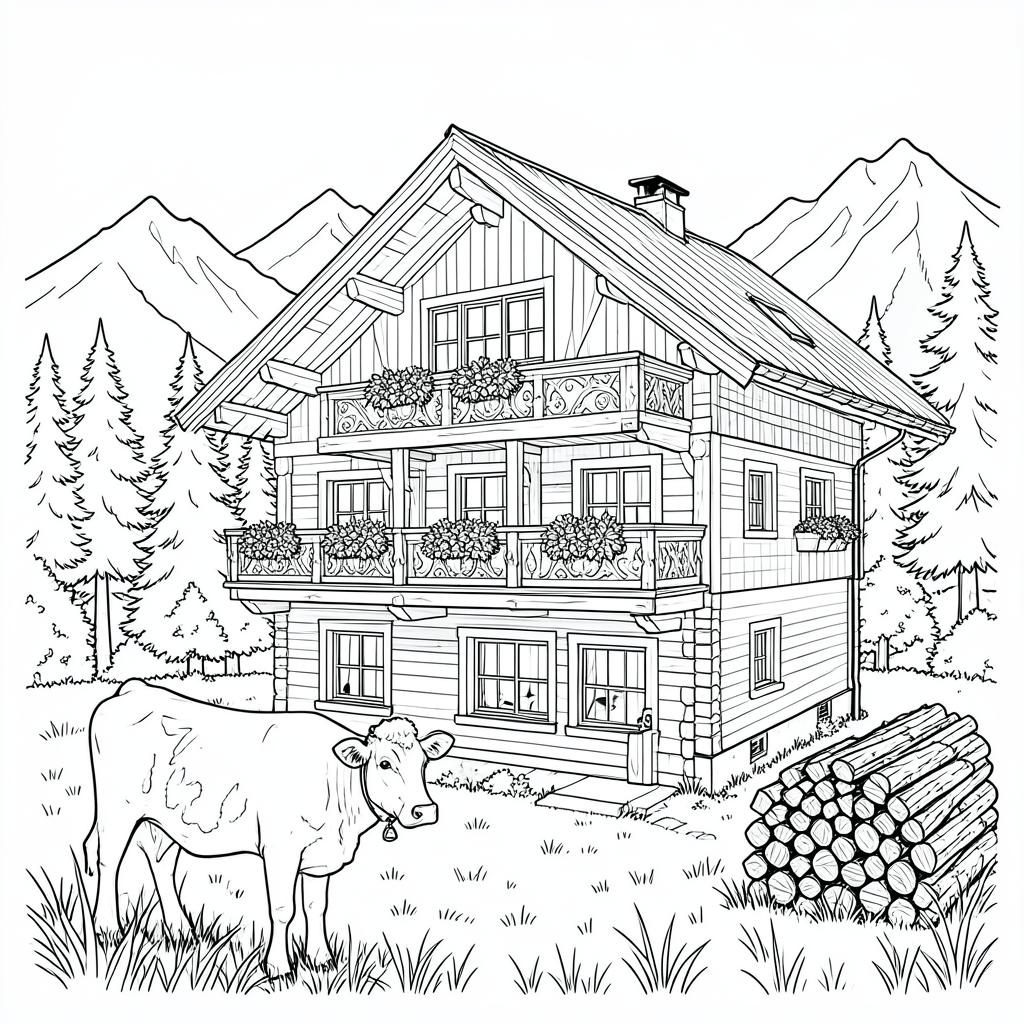 Swiss Alpine Cottage free printable coloring page