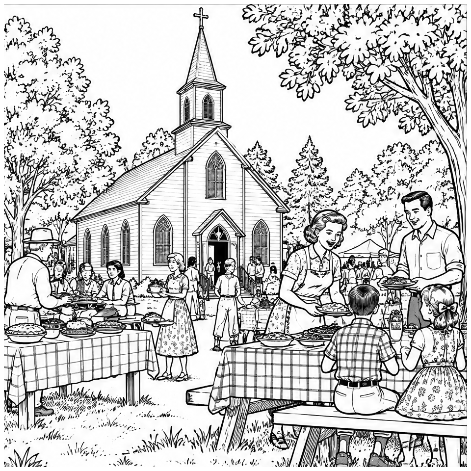 Church Picnic Social line art, colored with the Ocean Shimmer palette
