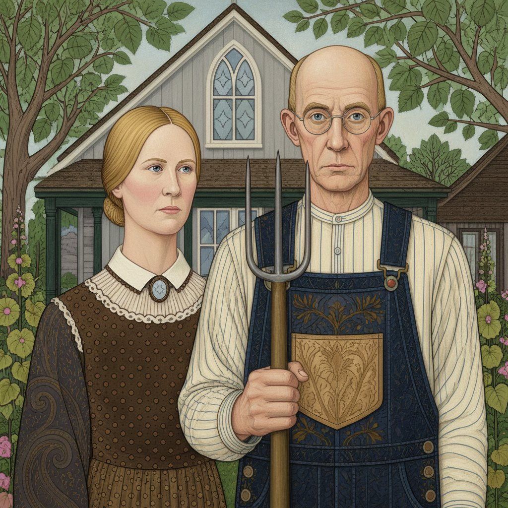 Full-colour reference for Farmhouse Couple (after Grant Wood)