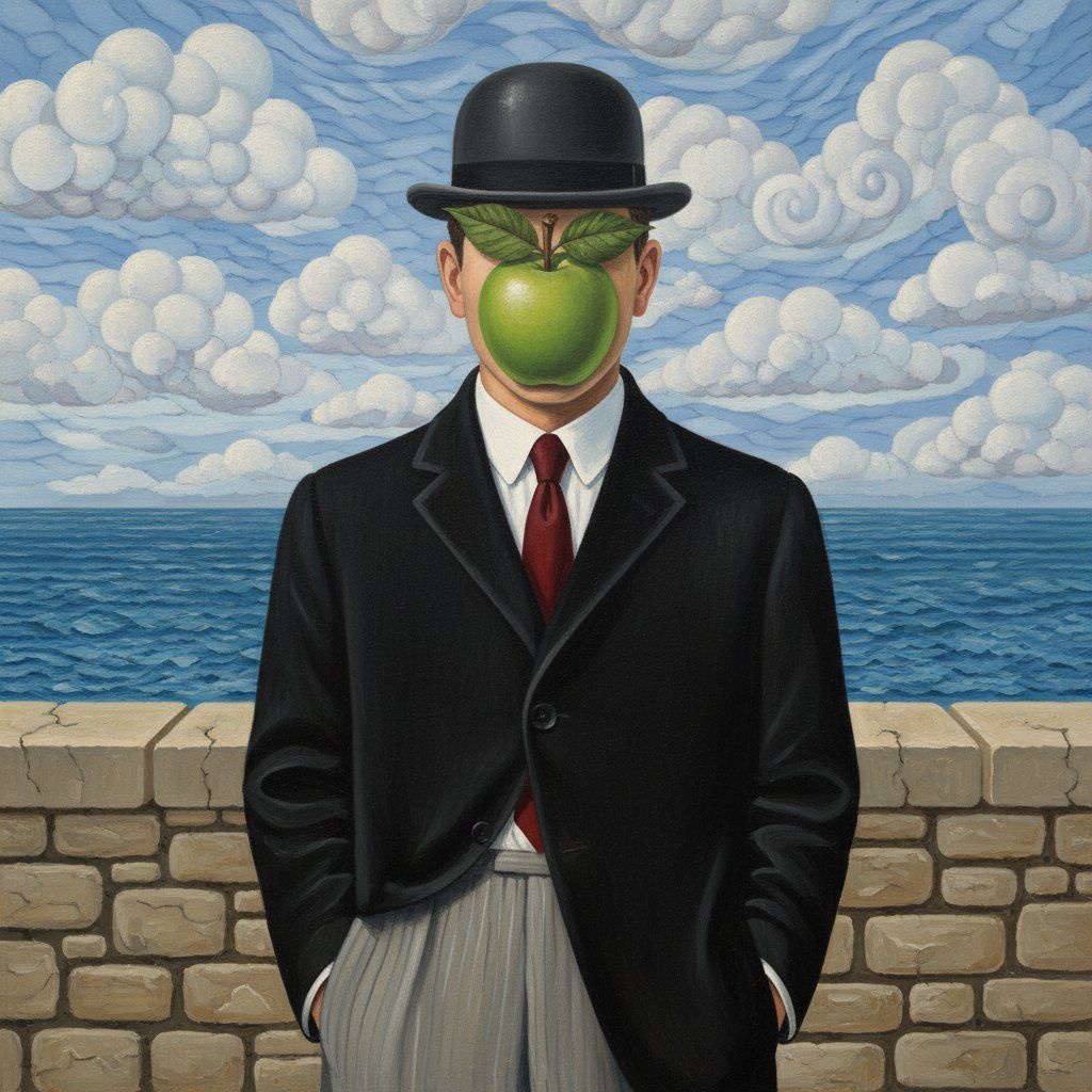 Full-colour reference for Man with the Green Apple (after Magritte)
