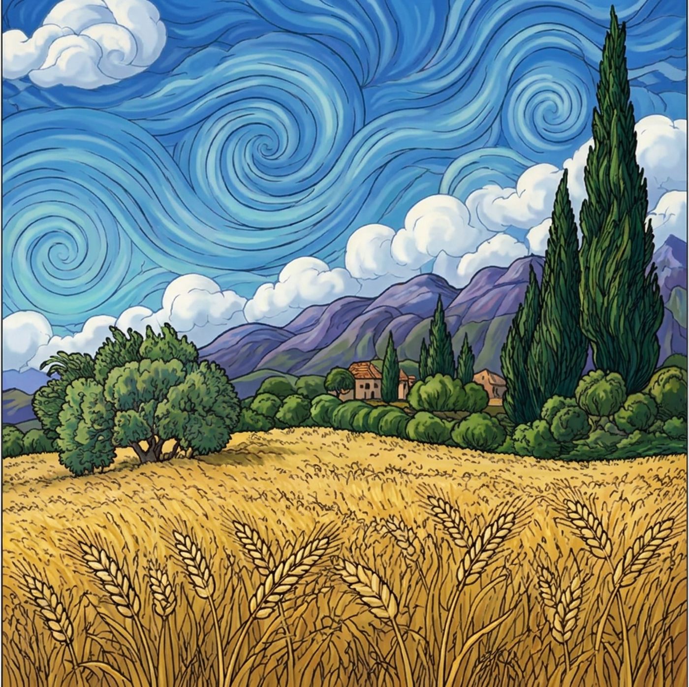Full-colour reference for Wheat Field with Cypresses, 1889 (after van Gogh)