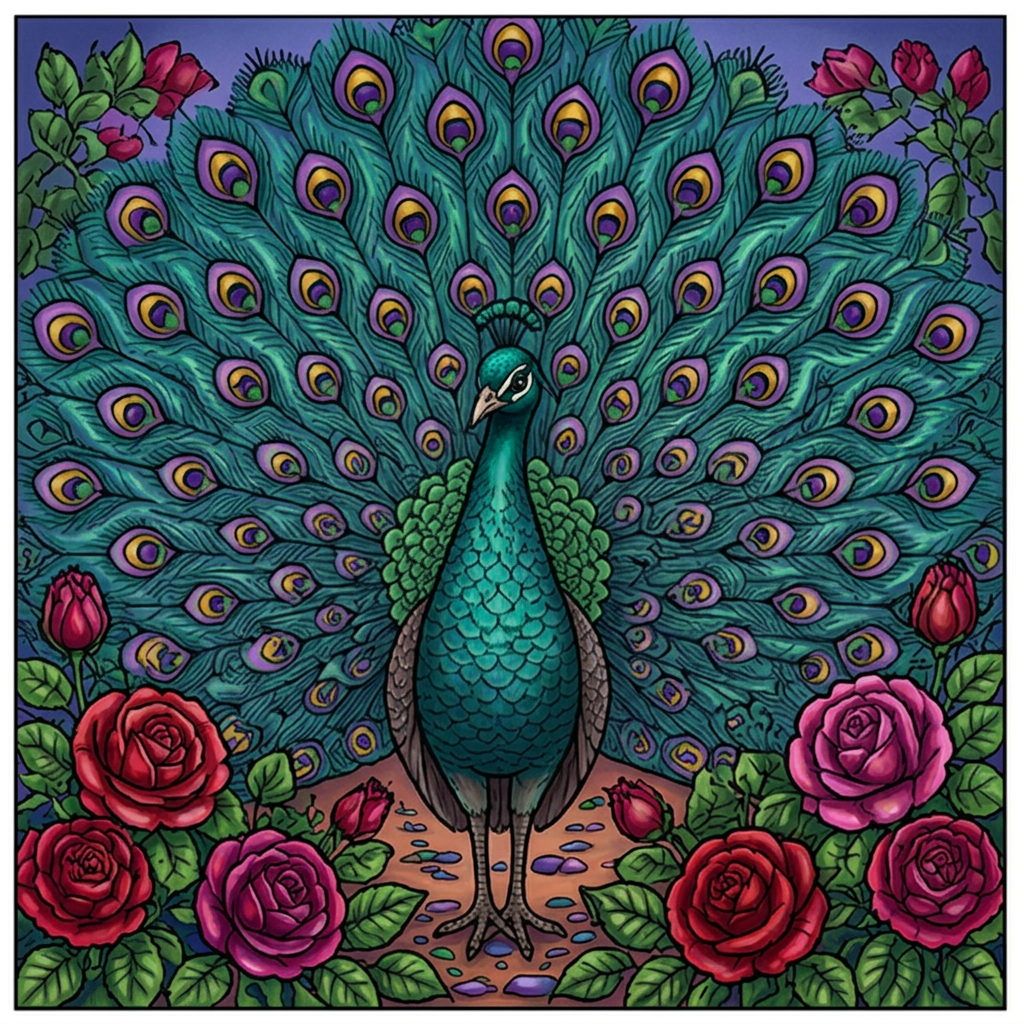 Full-colour reference for Peacock in the Rose Garden