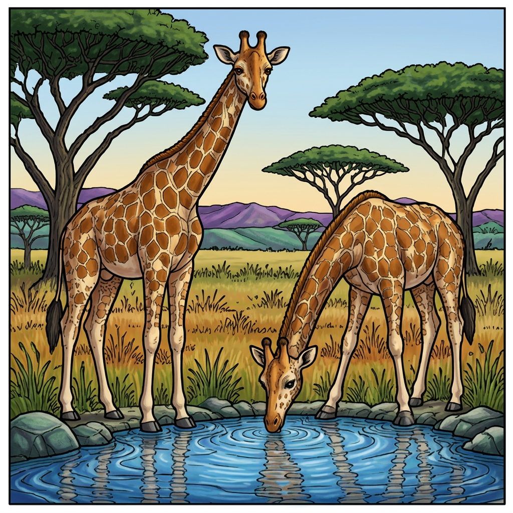 Full-colour reference for Giraffes at the Watering Hole