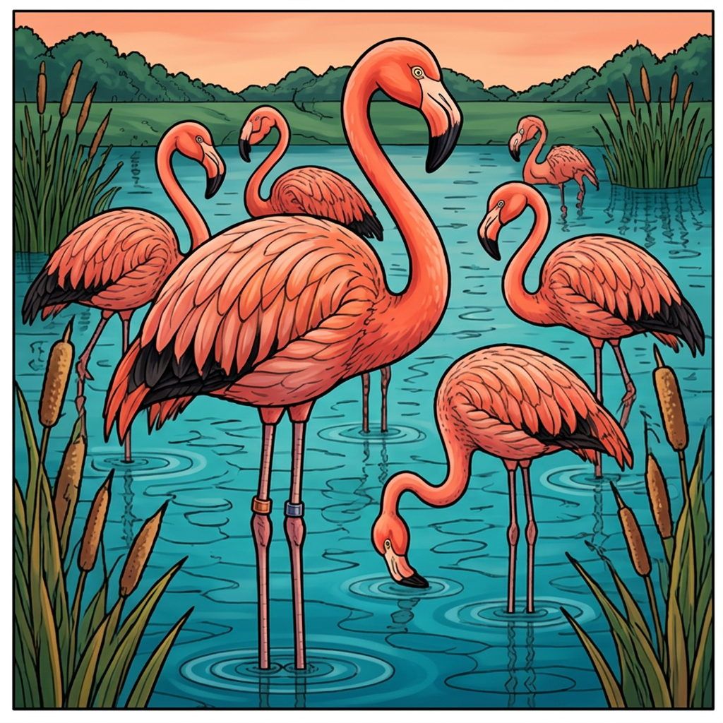 Full-colour reference for Flamingos in the Lagoon