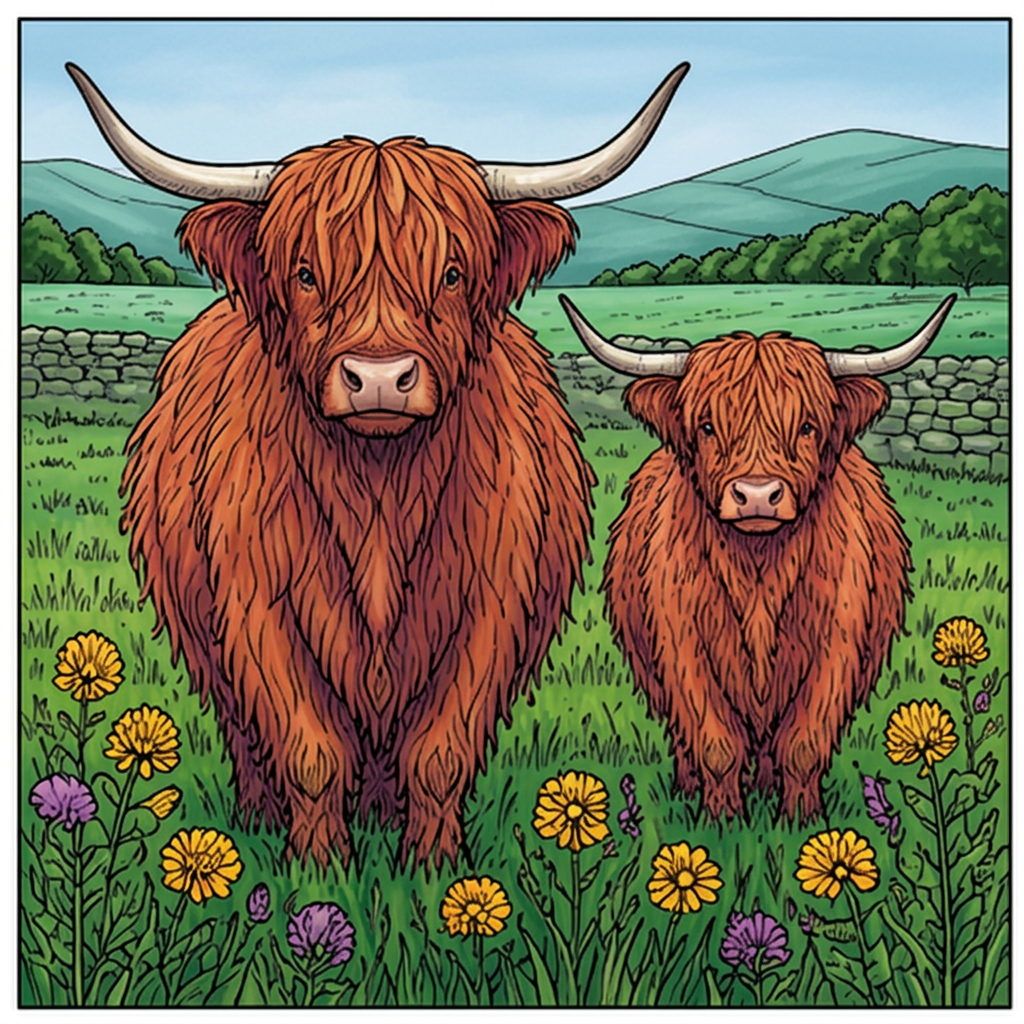 Full-colour reference for Highland Cattle in the Meadow