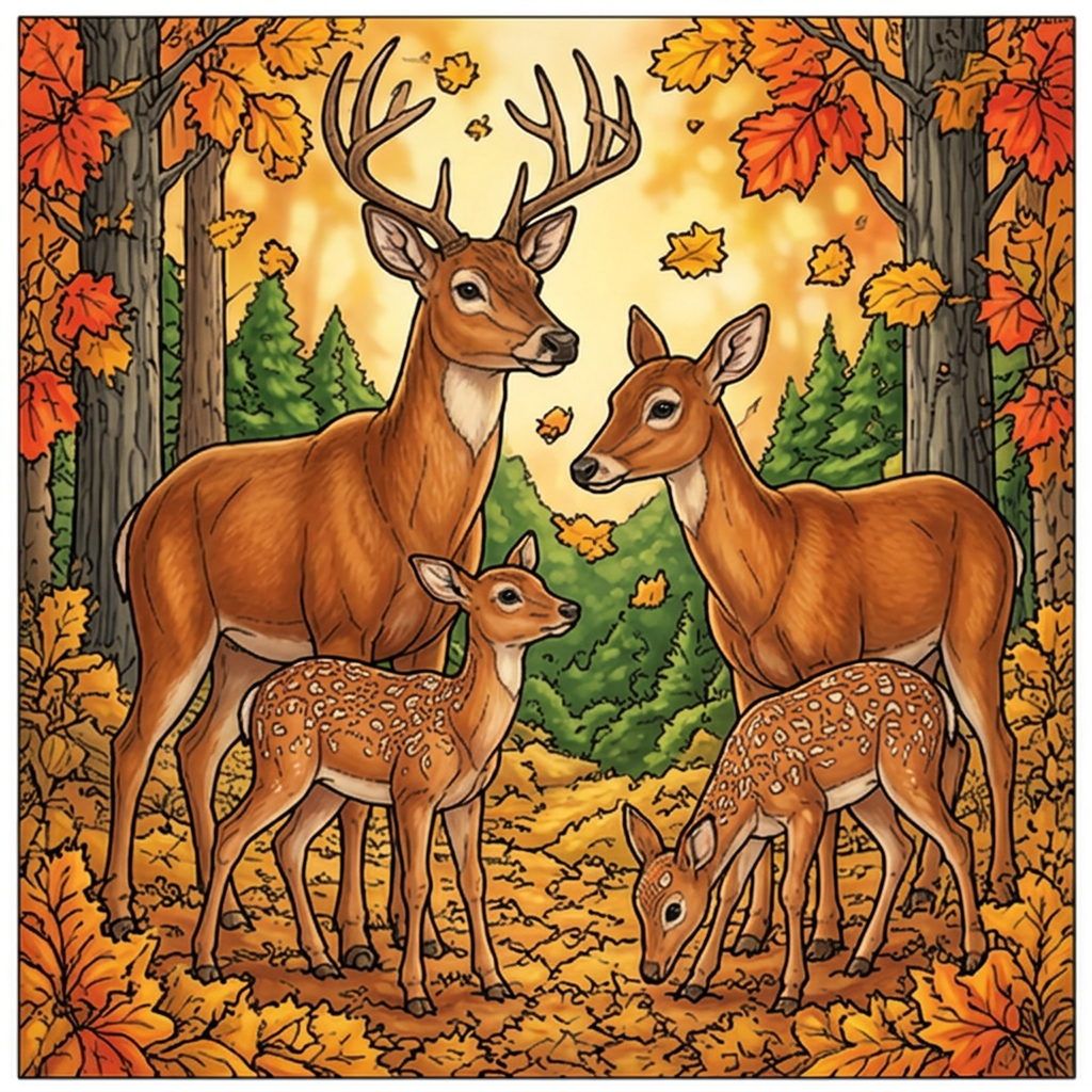 Full-colour reference for Deer with Fawns in Autumn