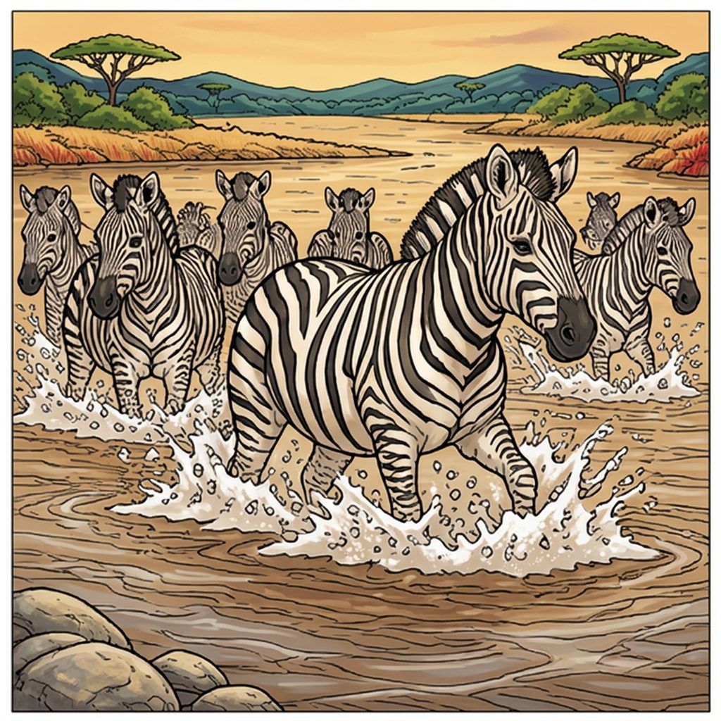 Full-colour reference for Zebras at the River Crossing