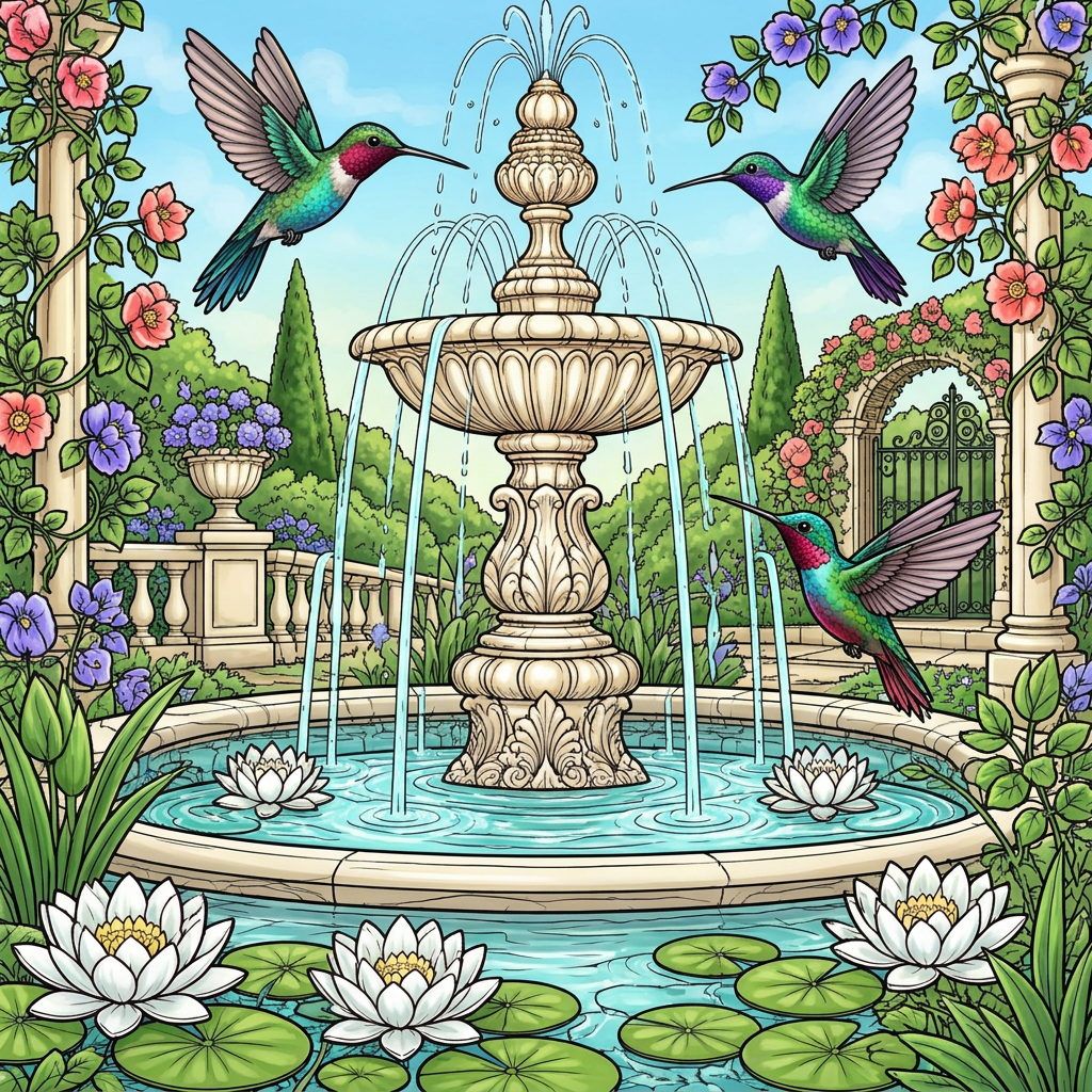 Full-colour reference for Hummingbirds at the Fountain