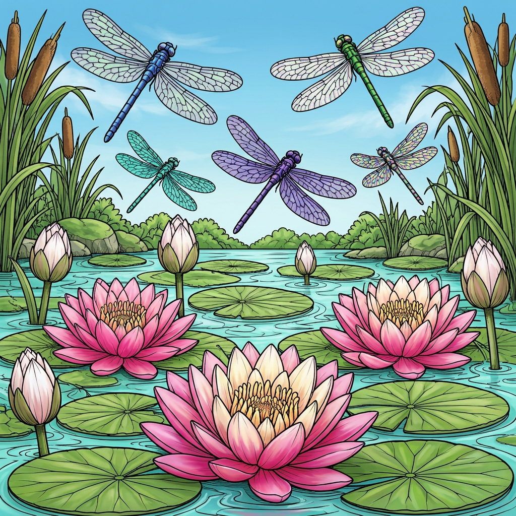 Full-colour reference for Dragonflies over the Lily Pond