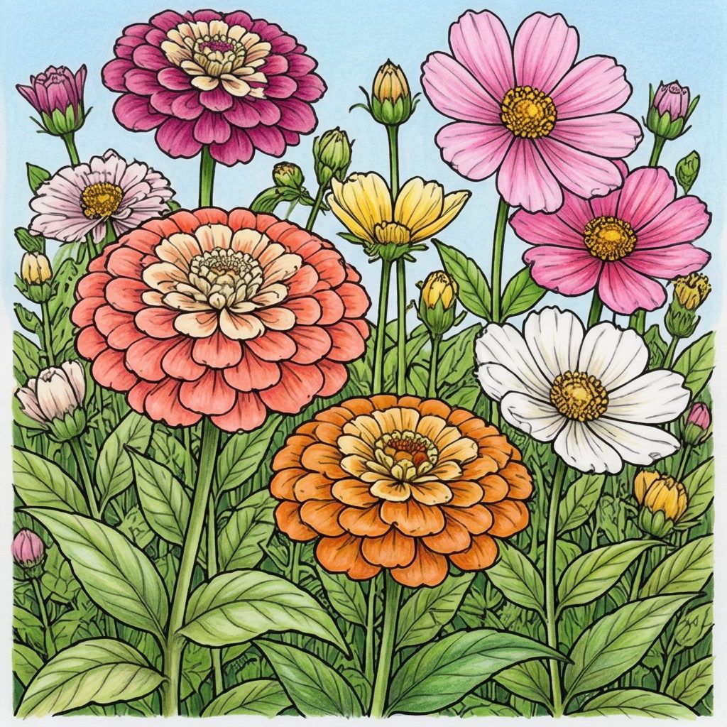Full-colour reference for Zinnia Cosmos Garden