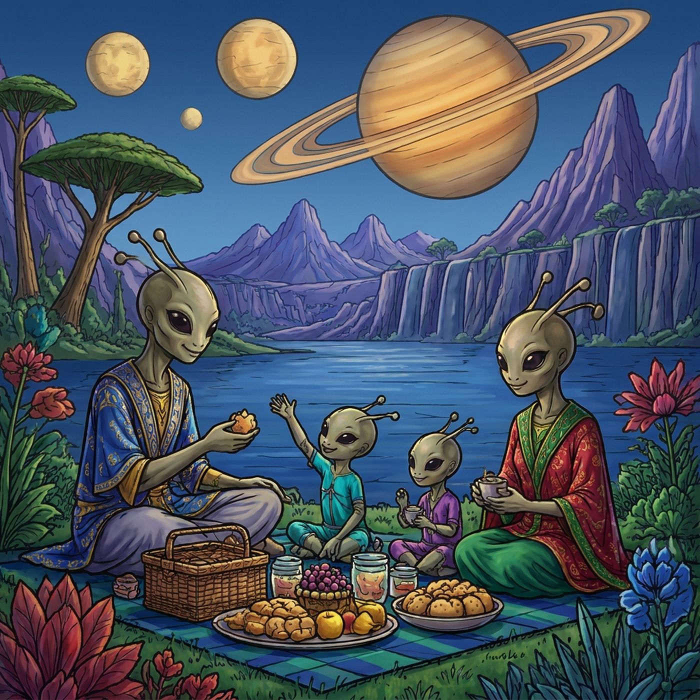 Full-colour reference for Alien Family Picnic