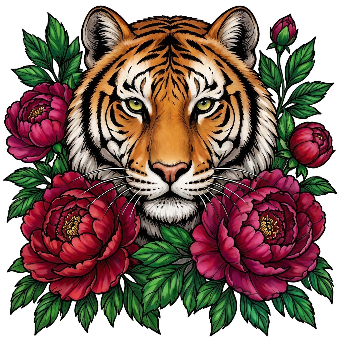 Full-colour reference for Tiger and Peonies
