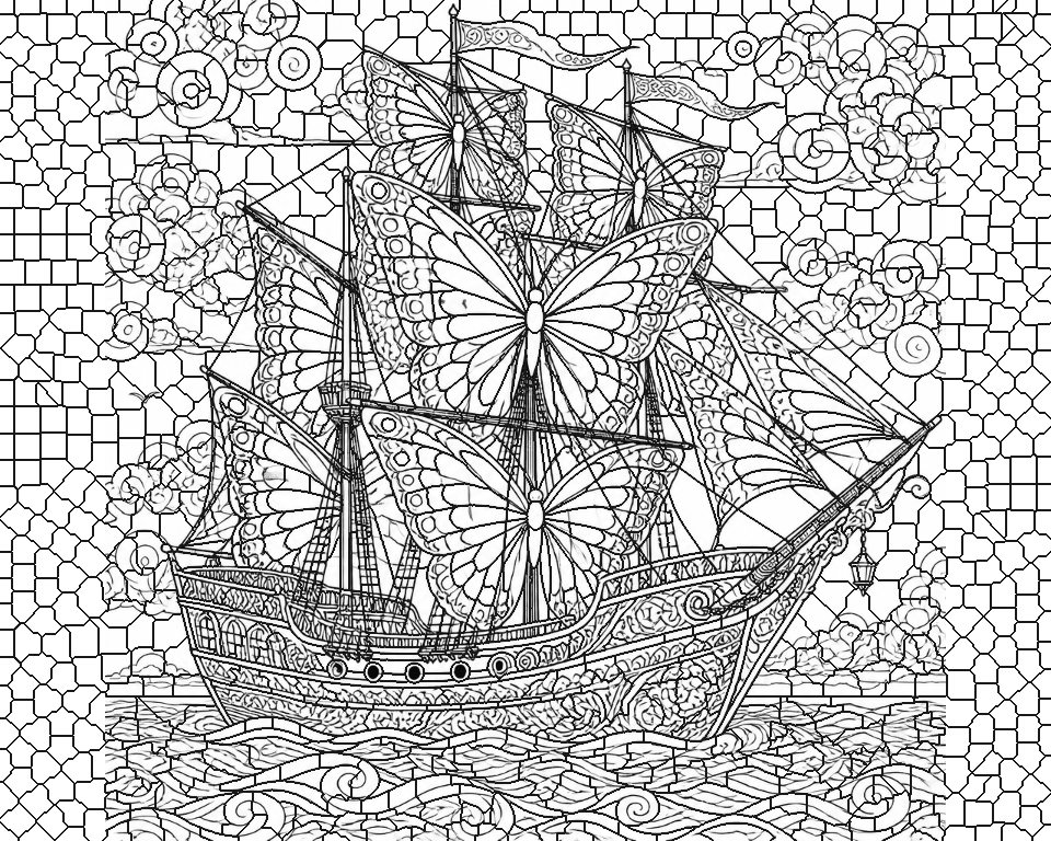 Ship with Butterfly Sails (after Dalí) line art, ready to print